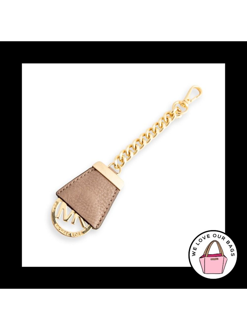 New MICHAEL KORS Gold Brass Chain Brown Leather Bag Charm Hang Tag Keychain Fob